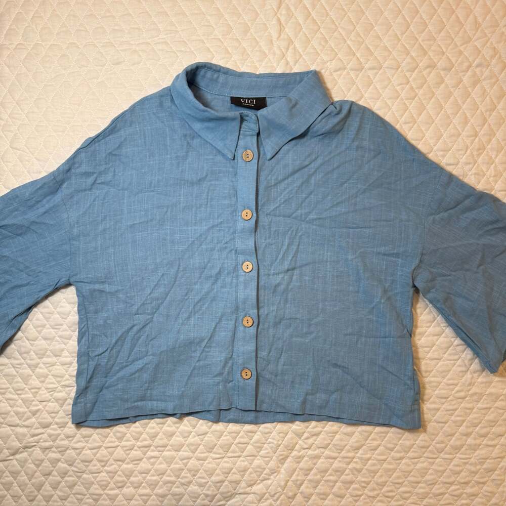 VICI Colbalt Blue Linen Blend Short Sleeve Ladder Insert Shirt Medium